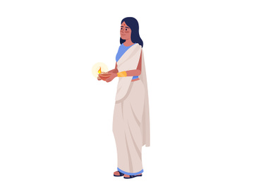 Woman in sari with burning diya semi flat color vector character preview picture