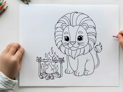 Cute cartoon lion by campfire vector illustration flat design