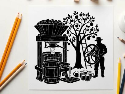 Vintage silhouette of a farmer at a cider press