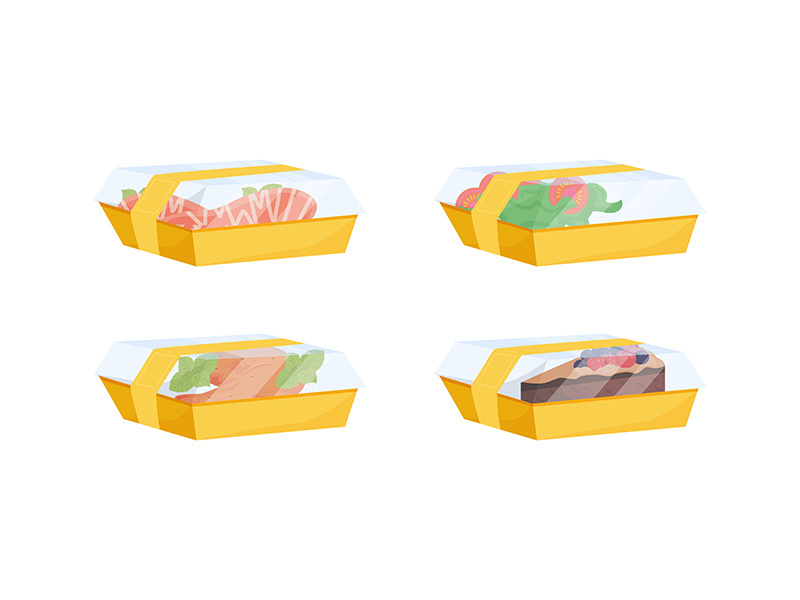 Food delivery, ready-to-eat meals in lunch boxes flat color vector objects set