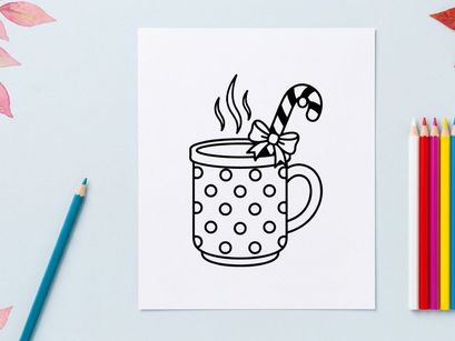 Steaming hot coffee mug with candy cane and snowflake for festive Christmas morning
