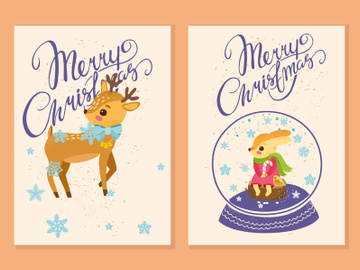 Merry Christmas little deer, fox vector poster and greeting card template preview picture
