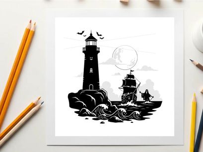 Silhouette of a lighthouse on rocky coast with sailing ship