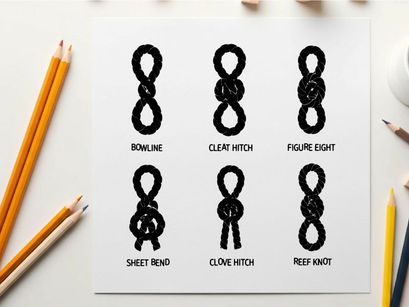 Silhouette of various knots and hitches in a grid pattern silhouette