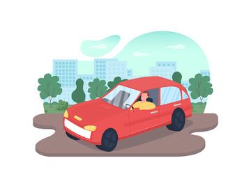 Driving car 2D vector web banner, poster preview picture