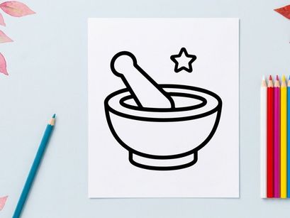 Mortar and pestle with star spice for Halloween seasoning. Classic kitchen tool grinding festive spices for cooking and decoration.