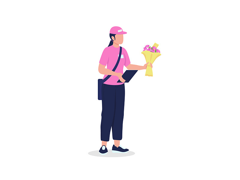 Female courier in uniform with bouquet flat color vector detailed character