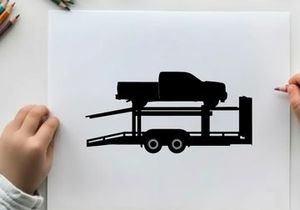 Silhouette of a car on a trailer against a white background