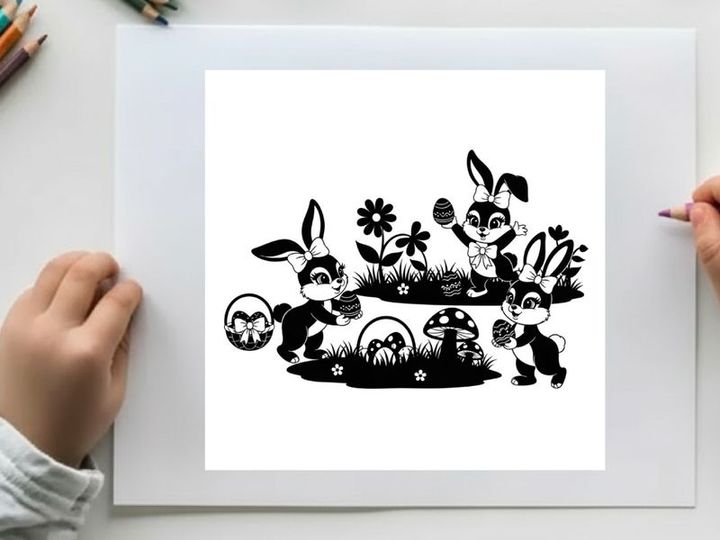 Three cartoon bunnies in a garden with flowers and mushrooms silhouette