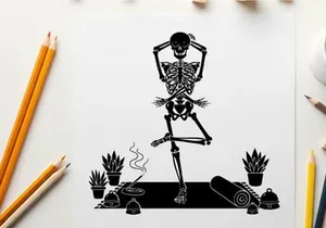 Silhouette of a skeleton in a yoga pose with plants