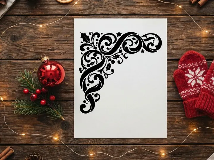 Black Christmas corner flourish with holly leaves and stars on white background