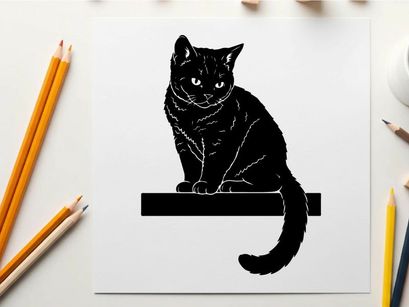 Black cat silhouette sitting on a ledge looking forward