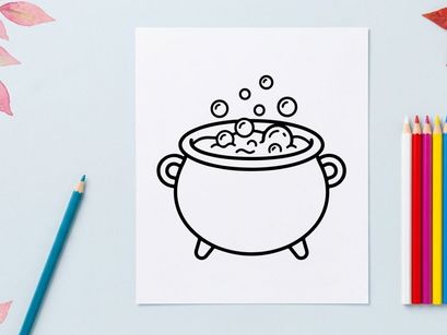 Simmering soup pot with bubbling broth and steam rising. Classic cooking illustration of hot meal preparation in a cauldron.