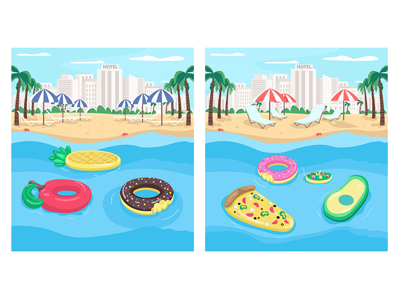 Seaside resort and inflatables flat color vector illustration set