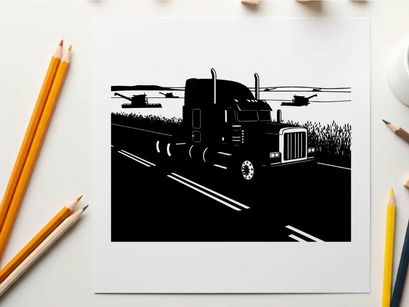 Silhouette of a semi truck driving on a rural highway at dusk
