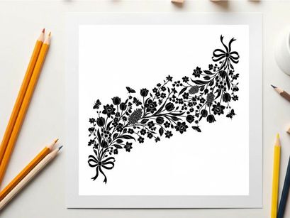 Silhouette of floral arrangement with bows on white background