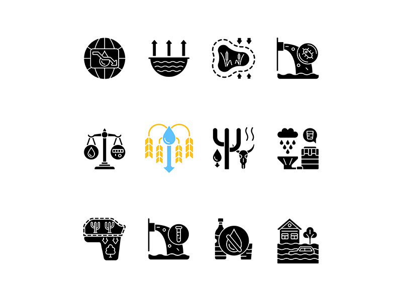 Global water crisis black glyph icons set on white space