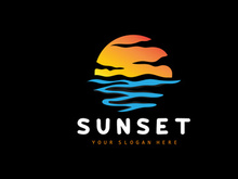 Sunset Logo, Beach Design, River And Sun Illustration, Vector Enjoying The Twilight