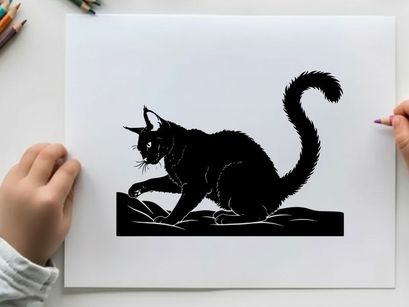 Black silhouette cat crouching low with tail up
