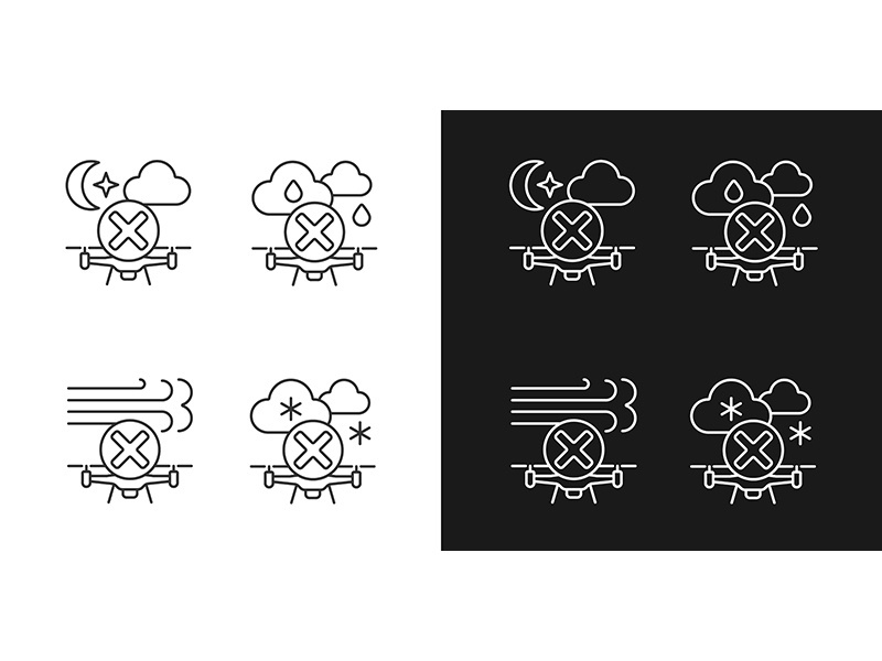 Safe drone operation linear manual label icons set for dark and light mode