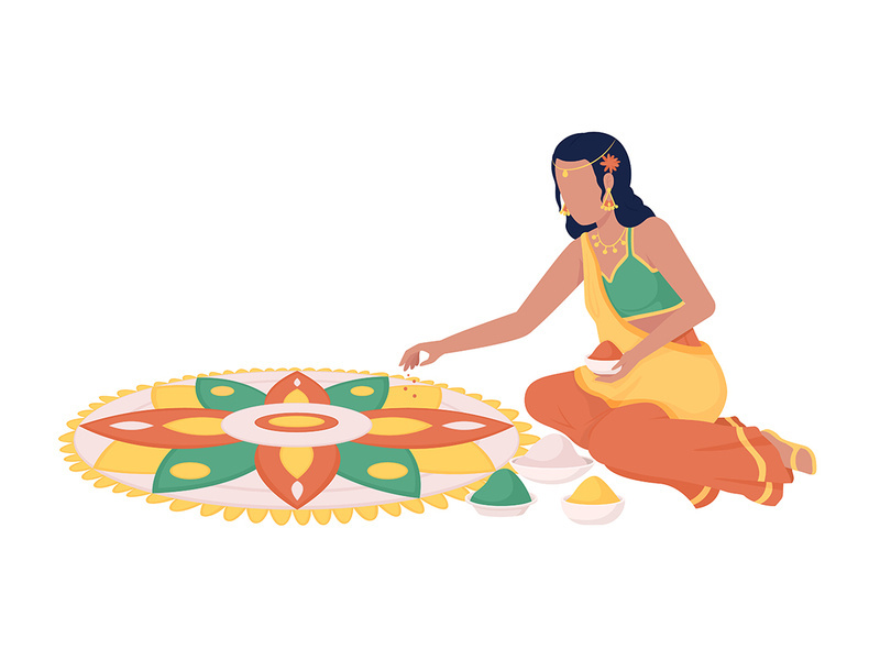 Woman in saree making rangoli pattern semi flat color vector character