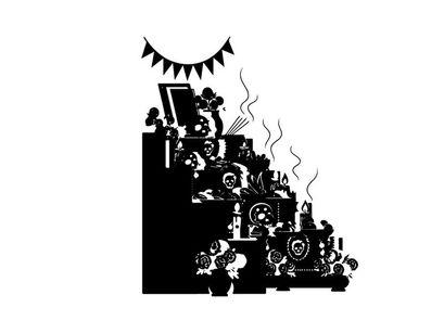 Silhouette of a decorated staircase with plants and banners