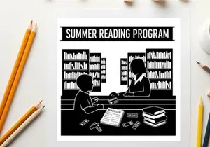 Summer reading program advertisement with silhouette of child and librarian