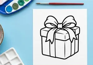 Christmas gift box with ribbon bow line art illustration for holiday coloring page design.