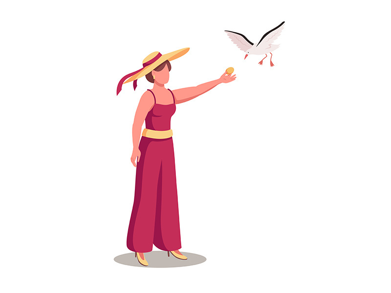 Young woman feeding seagull flat color vector faceless character