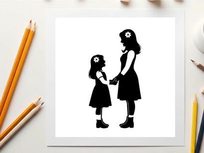 Silhouette of a woman and little girl holding hands in black dresses