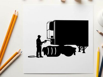 Silhouette of a man washing a semi truck with a hose
