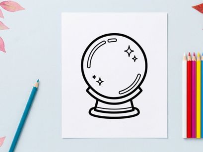Hand-drawn Halloween crystal ball with mystical symbols. Vintage fortune-telling orb featuring stars, moons, and spooky swirls for divination.
