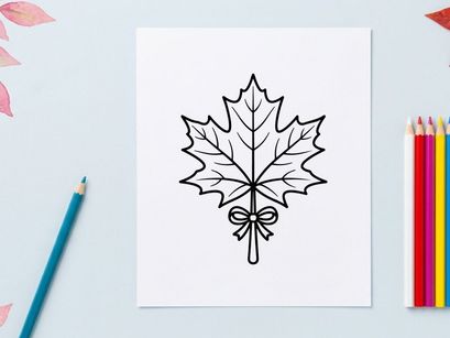 Stylized maple leaf illustration with bow. Elegant botanical design for branding and decor.