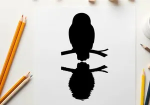 Silhouette of a bird perched on a branch with reflection