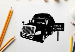 Black silhouette semi truck at a state border crossing
