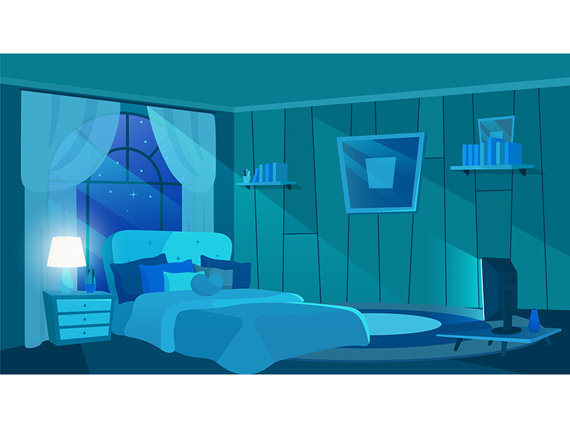 Bedroom interior in moonlight rays