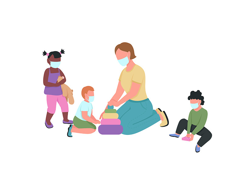 Teacher and kids in medical mask play together flat color vector faceless characters