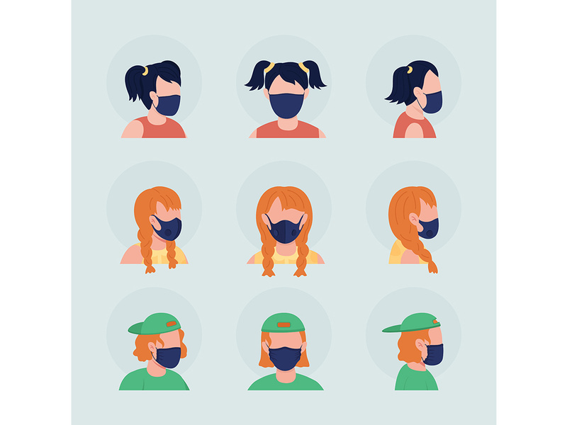 Teens with black masks flat color vector character avatar set