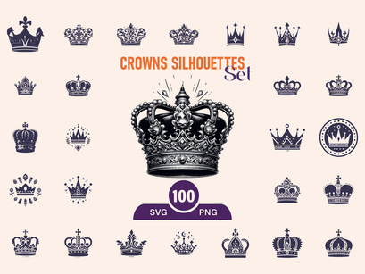Royal Crown Silhouette, Retro King Crown Icons.