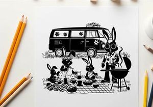 Bunnies on a camping trip with silhouette of a van and grill