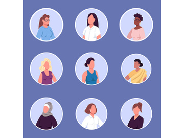 Different nationalities women flat color vector faceless characters icons set preview picture