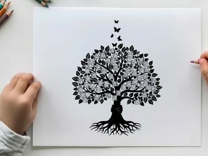 Silhouette of tree with roots and butterflies flying upwards from silhouette
