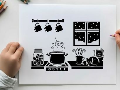 Silhouette of kitchen with cat by snowy window at night