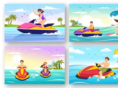 13 People Ride Jet Ski Illustration
