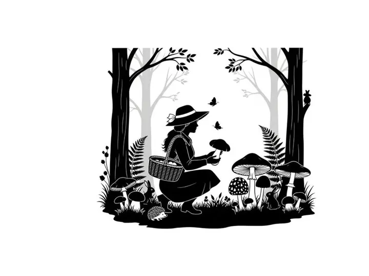 Silhouette of a person picking mushrooms in a forest