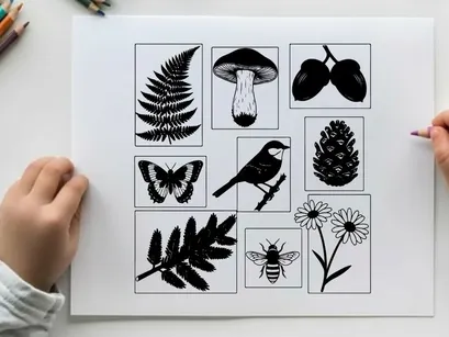 Black and white silhouette illustrations of nature elements
