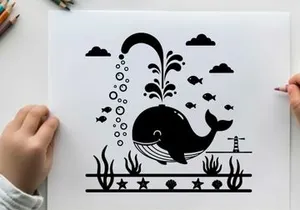 Whale silhouette swimming underwater with sea creatures and plants silhouette