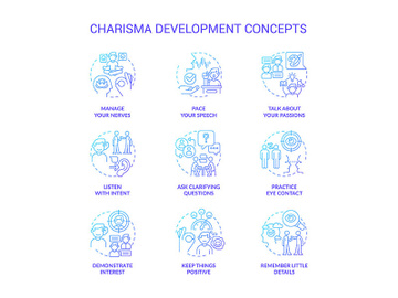 Charisma development blue gradient concept icons set preview picture