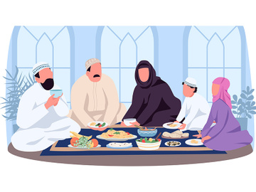 Muslim traditional dinner 2D vector web banner, poster preview picture