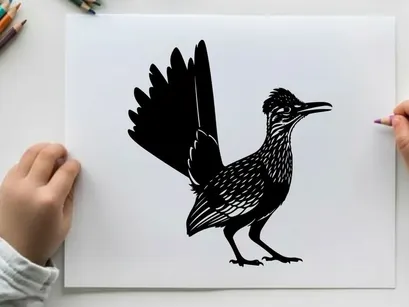 Silhouette of a roadrunner in mid stride with wings spread wide